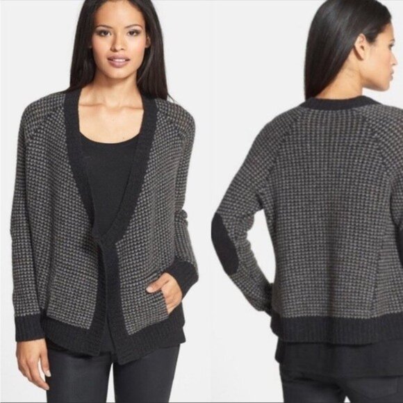 Eileen Fisher Cardigan Asymmetric Sweater Waffle Knit Black Gray  Medium - Picture 2 of 13
